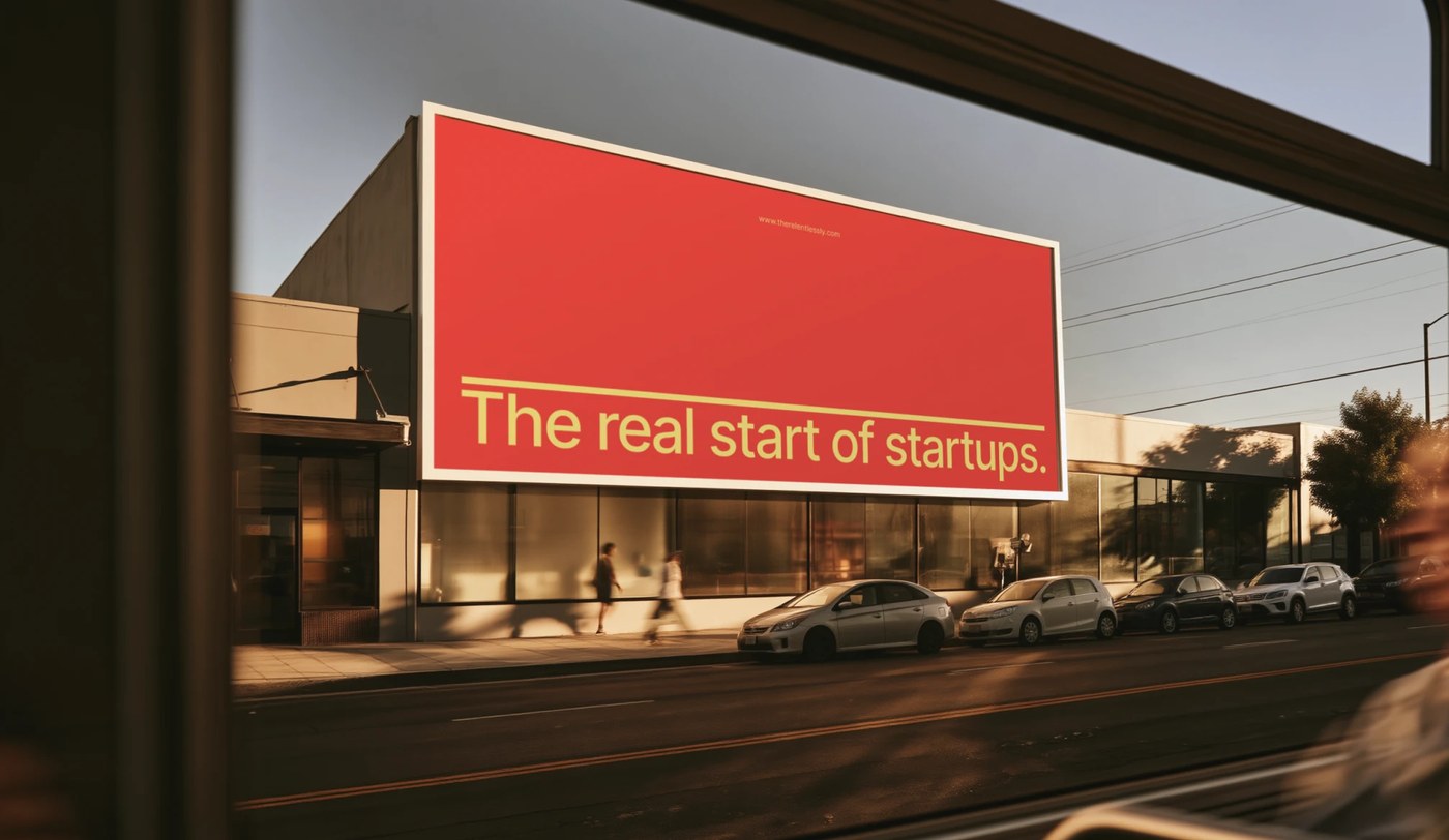 Outdoor billboard in coral red displaying 'The real start of startups.' under a yellow overline bar