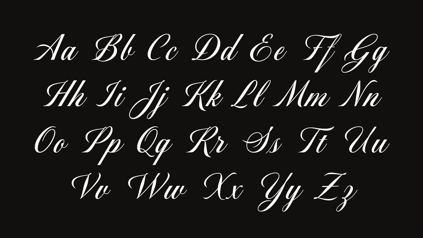 Complete alphabet specimen of Reserva Script lowercase and uppercase glyphs on dark background