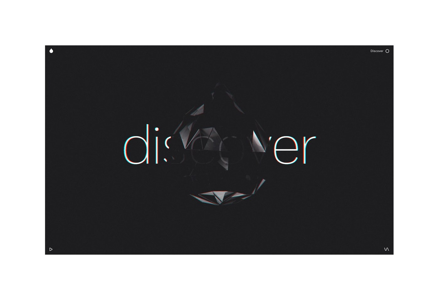 Design system overview and interactive viewport showing discover prompt with chromatic aberration and 3D crystal droplet symbol — web design by Marcus Brown for Resn