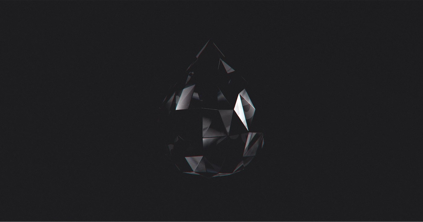 Faceted crystalline droplet brand symbol on dark textured background — web design by Marcus Brown for Resn