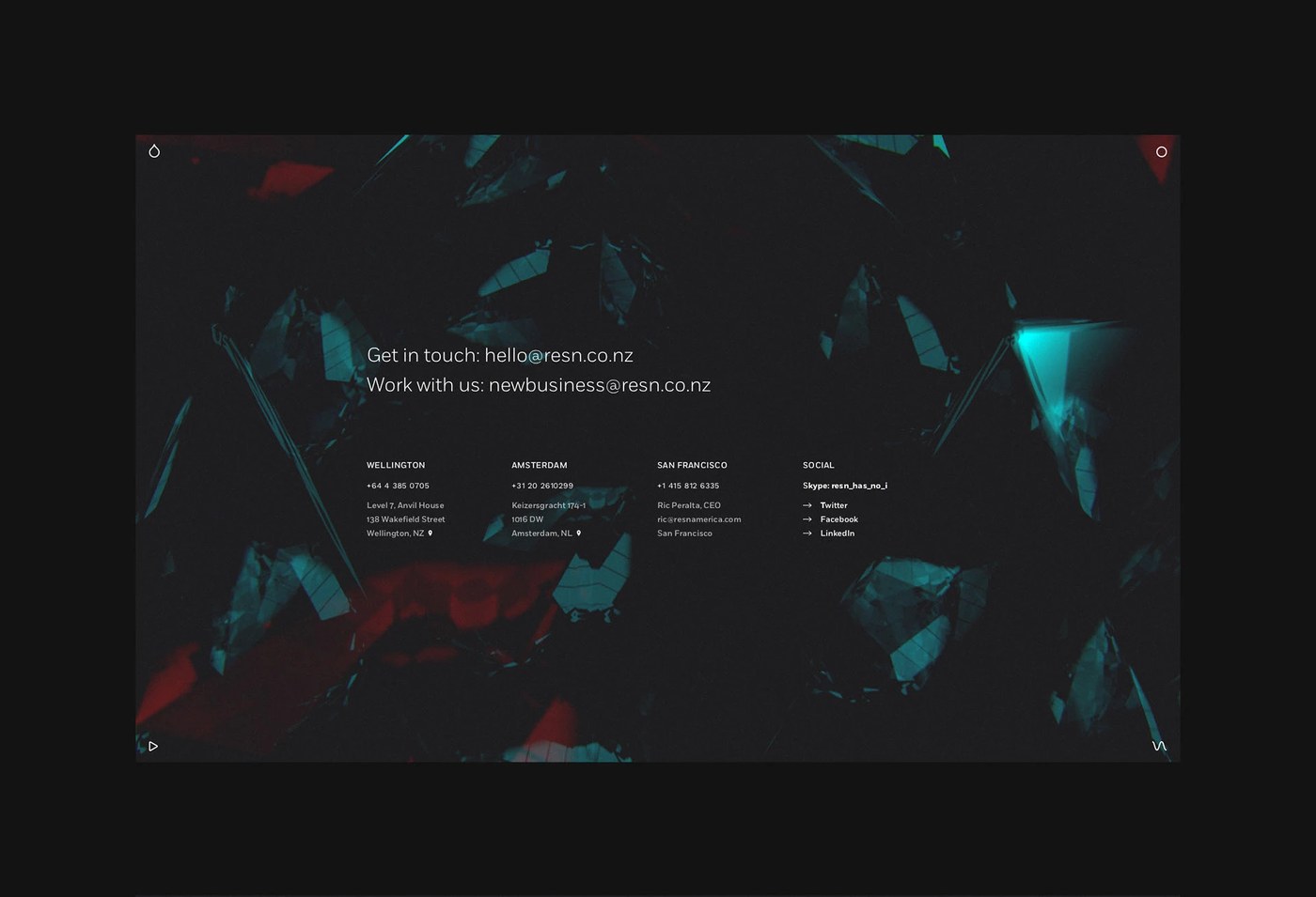 Contact interface screen with floating shattered emerald crystal shards and studio location typography — web design by Marcus Brown for Resn