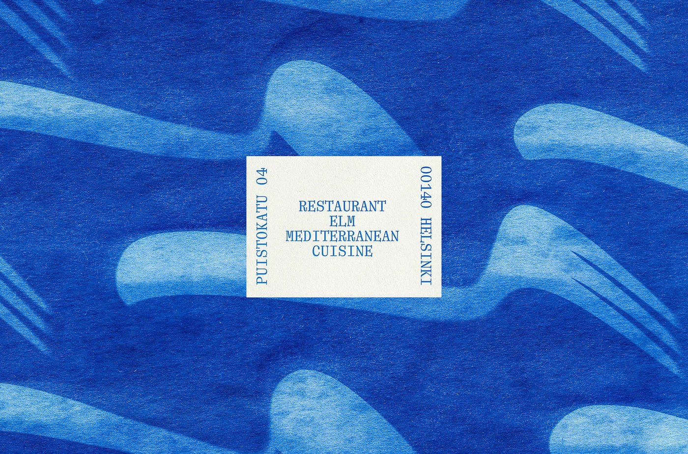 Restaurant Elm location and brand identity card set against blue painted brushstrokes