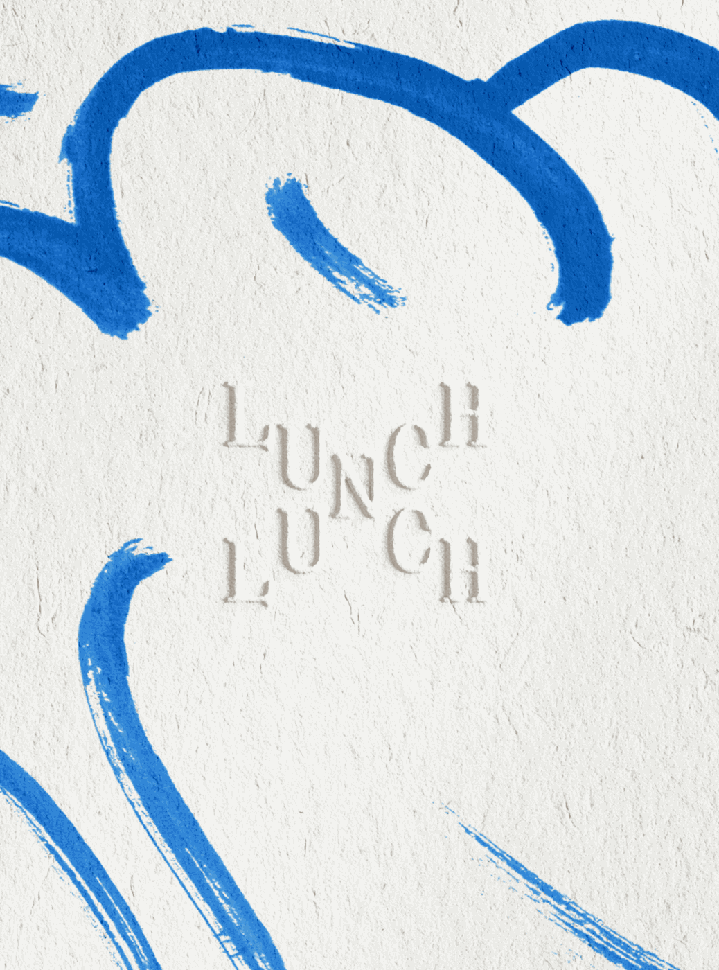 Blind debossed Lunch typography with Mediterranean blue brushstrokes on cotton paper