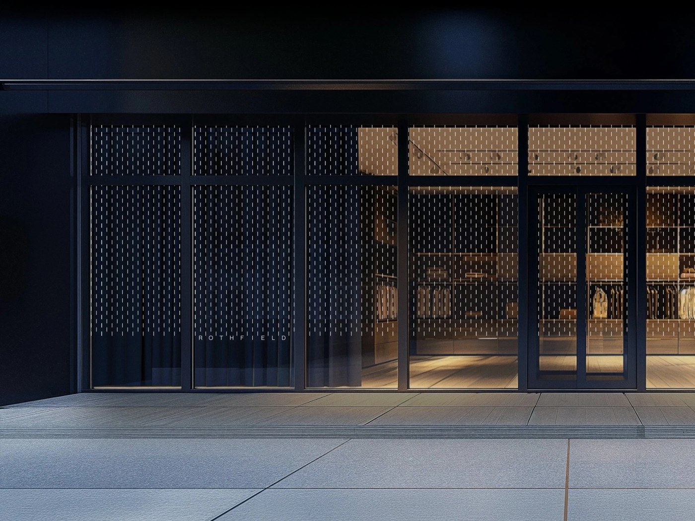 Architectural glass shopfront window frosting with vertical calibration tick pattern