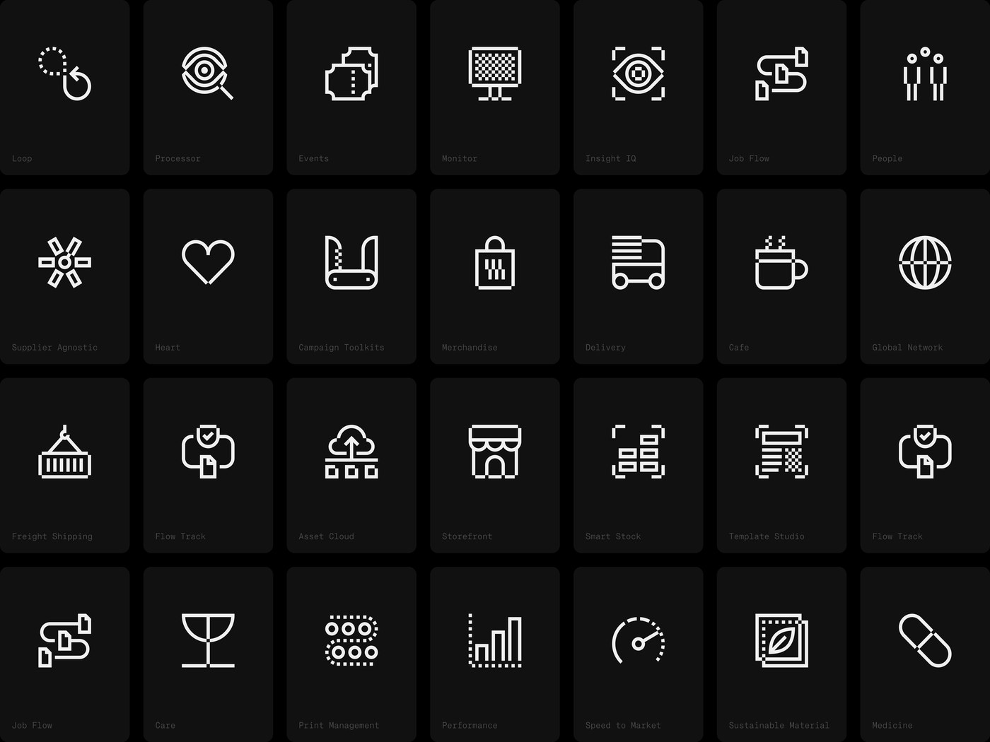 28-tile bespoke geometric icon system for Rothfield Connect including Print Management, Freight Shipping, and Insight IQ