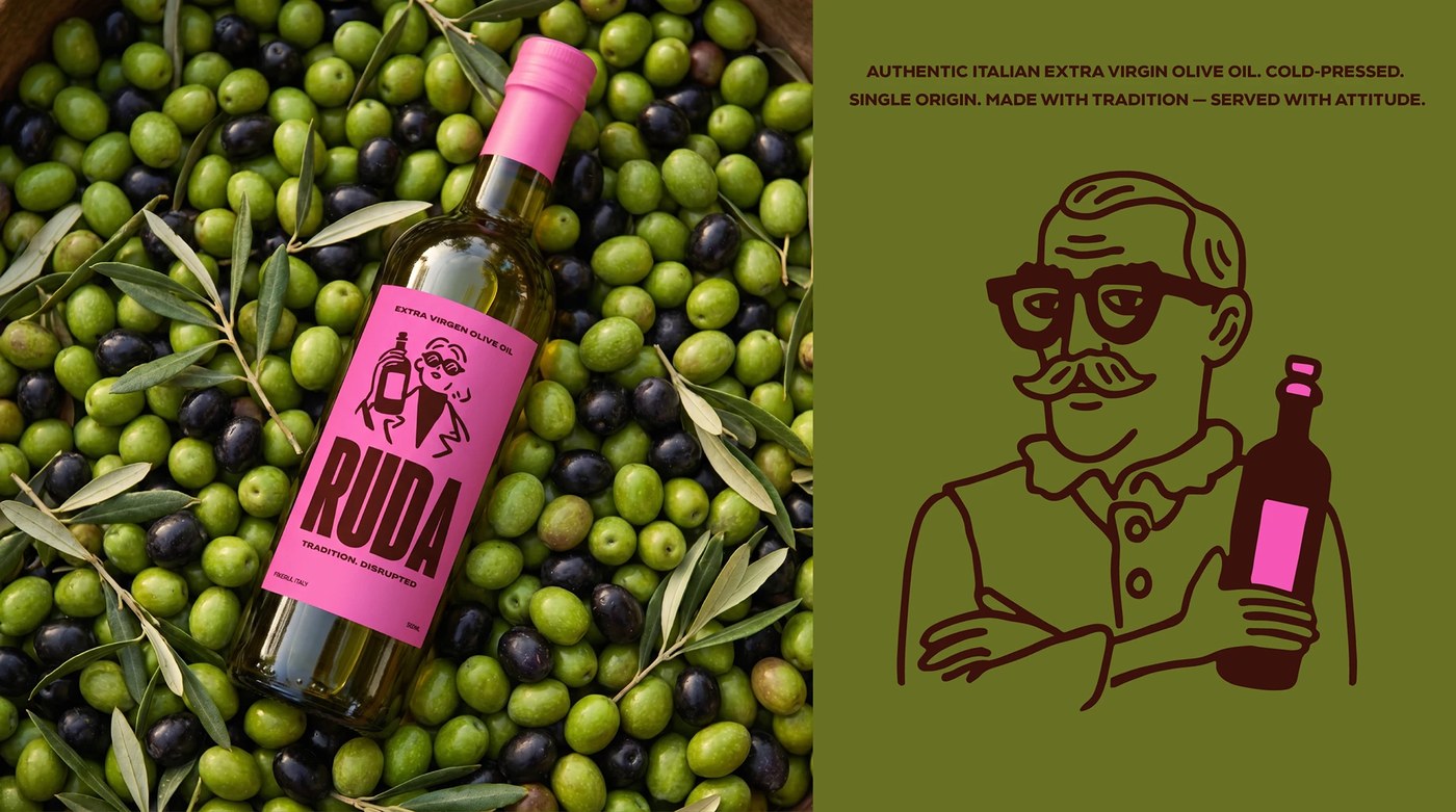 Aplicación de envasado de aceite de oliva con tipografía de identidad de marca de alto contraste.