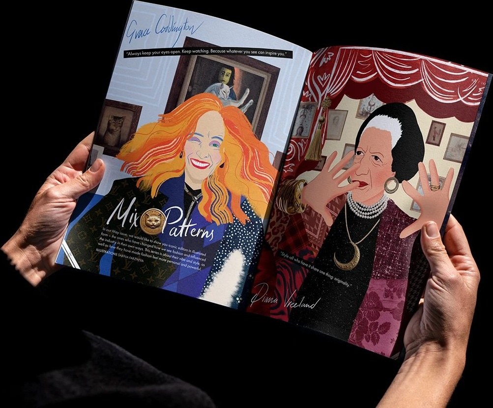 Hands holding Nargis Magazine open to the Mix Patterns feature with Grace Coddington and Diana Vreeland