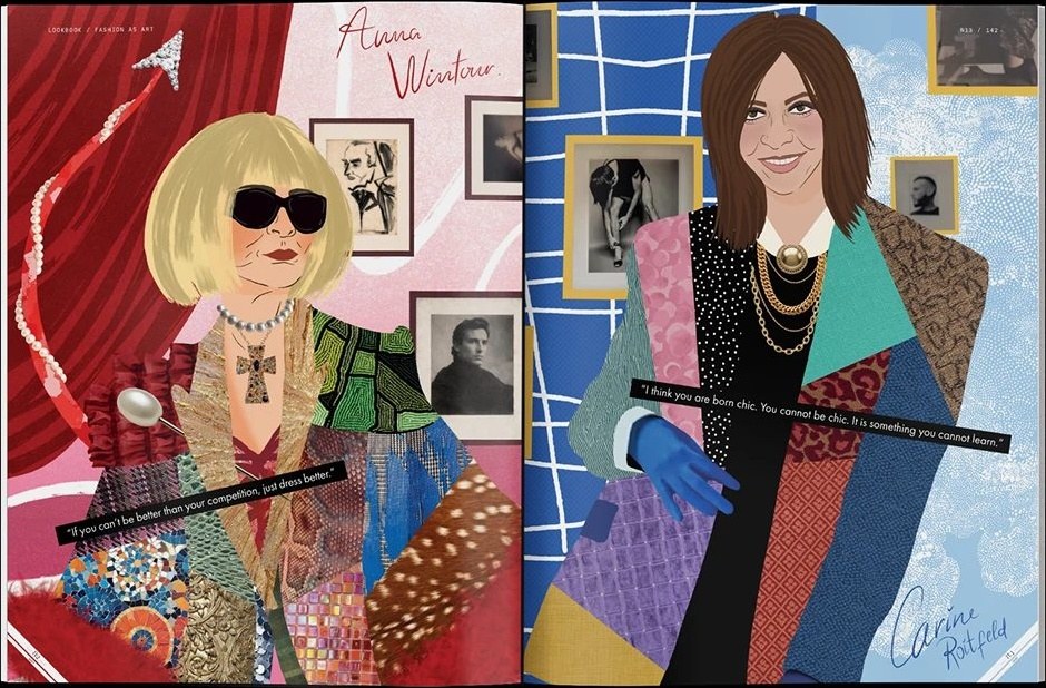 Magazine spread with mixed-pattern collage portraits of Anna Wintour and Carine Roitfeld