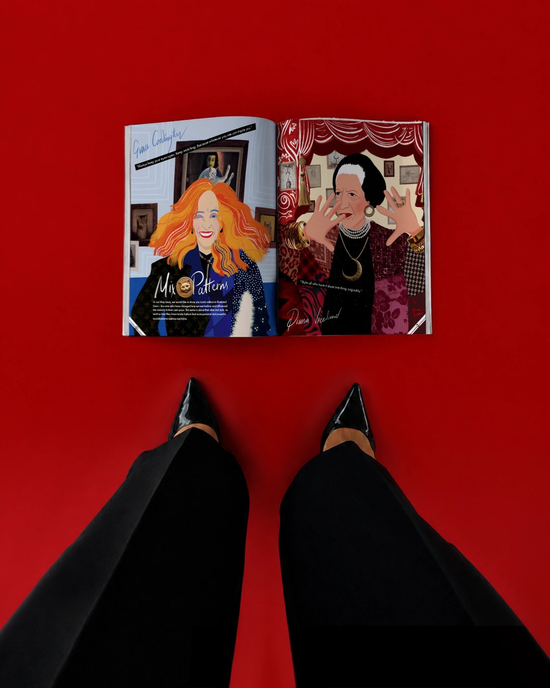 Top-down perspective of open Nargis Magazine spread on rich crimson red surface