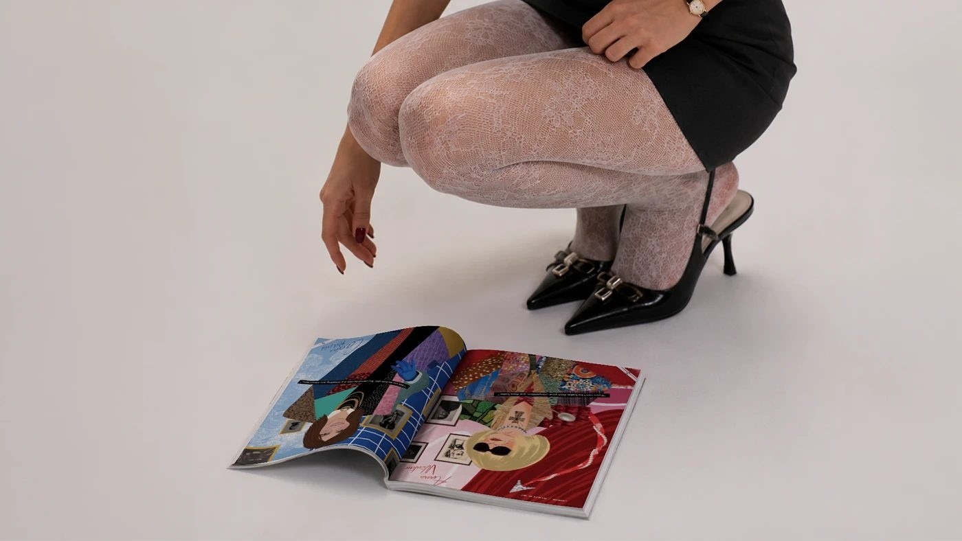 Open Nargis Magazine showing the Mix Patterns portraits beside patent heels and lace tights