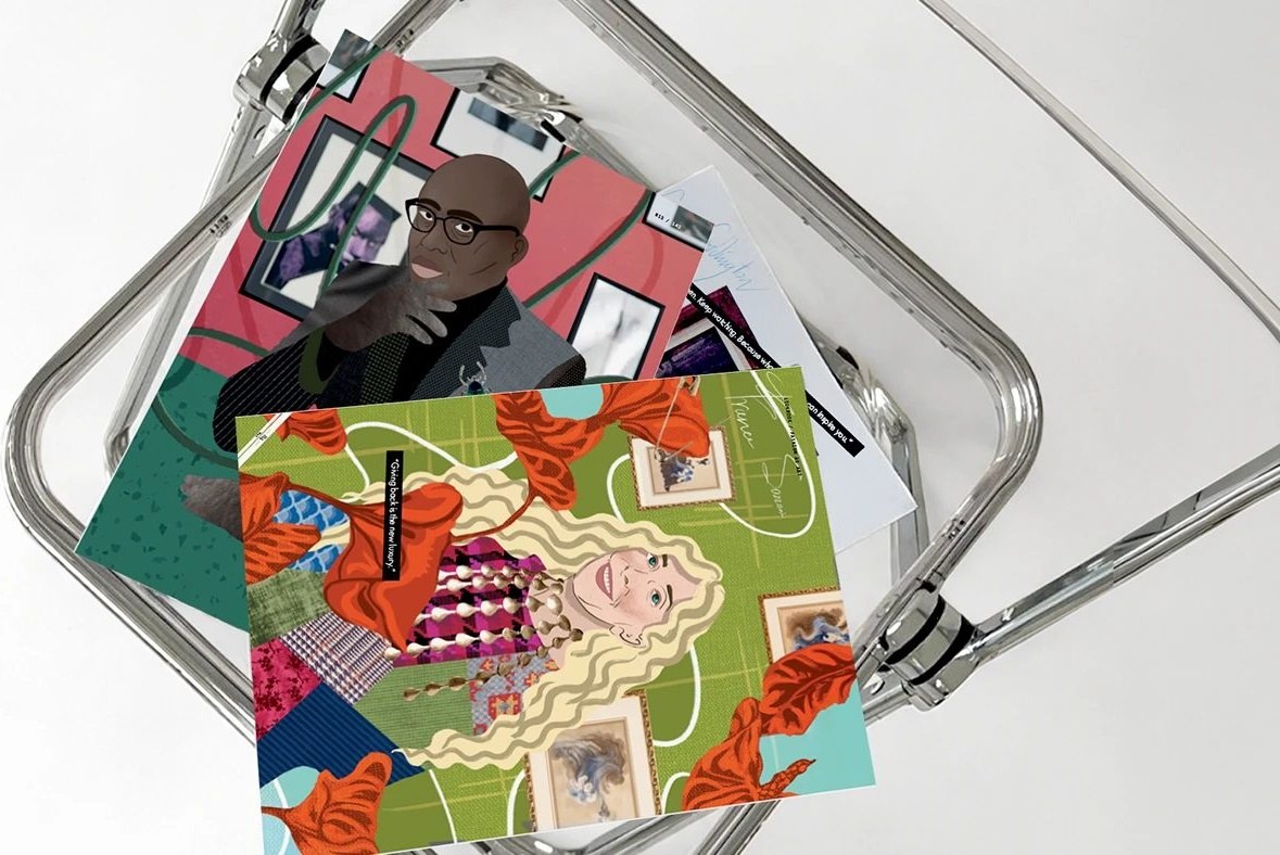 Printed Mix Patterns illustration cards of Franca Sozzani and Edward Enninful on transparent chair