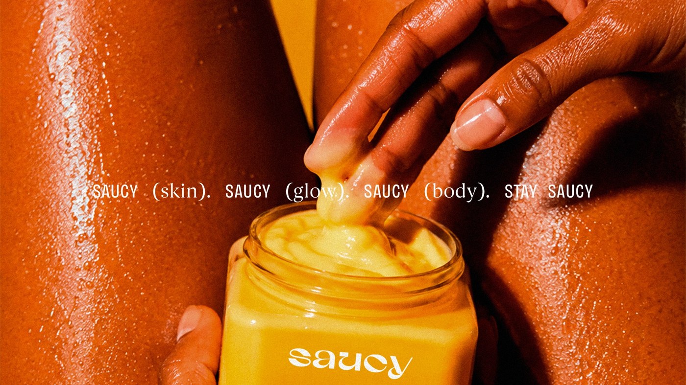 Saucy packaging design bottle with editorial skin photography by Nathalia Ultramar