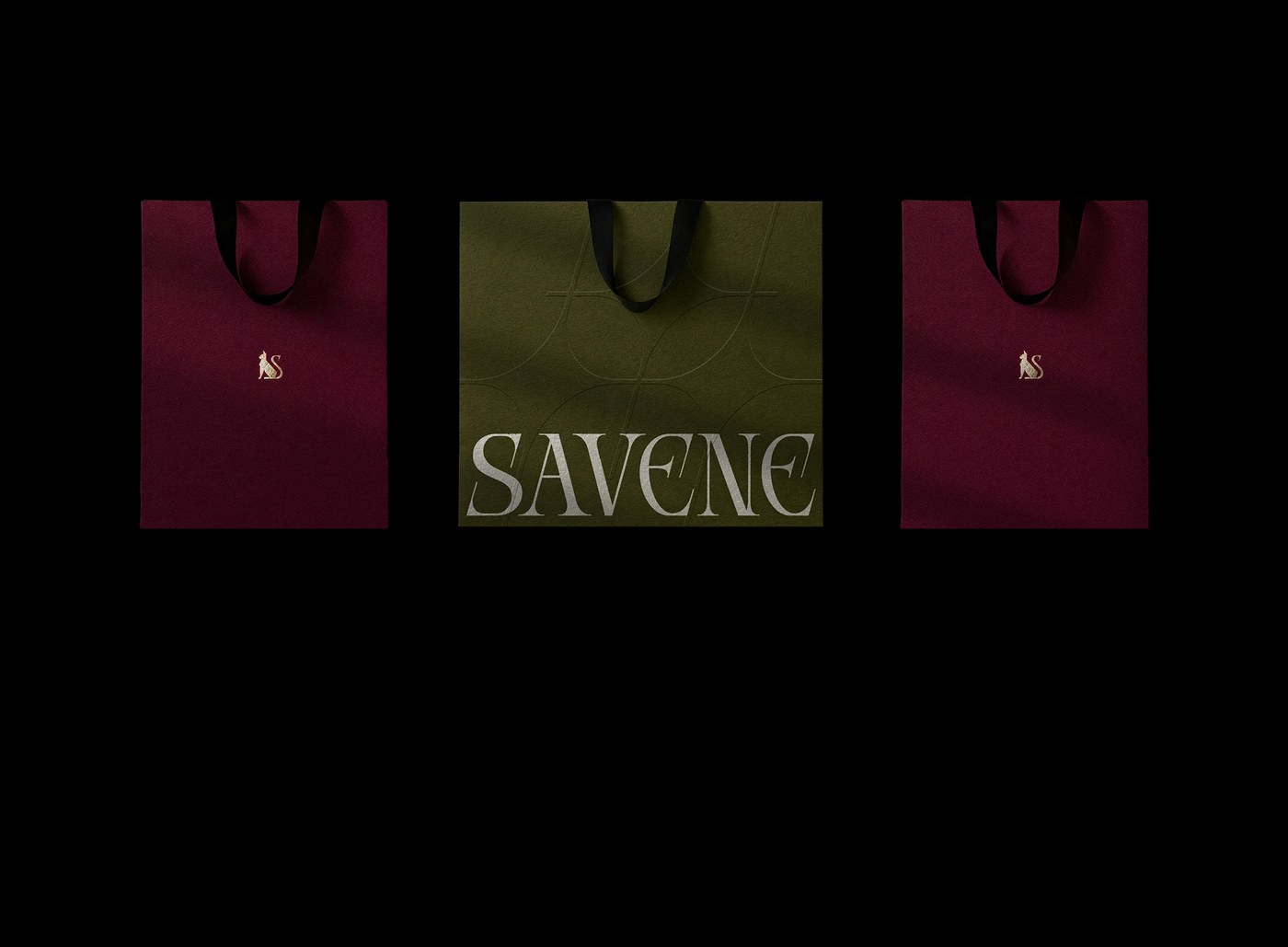 Savene jewelry brand identity showing tactile packaging boxes and accessories