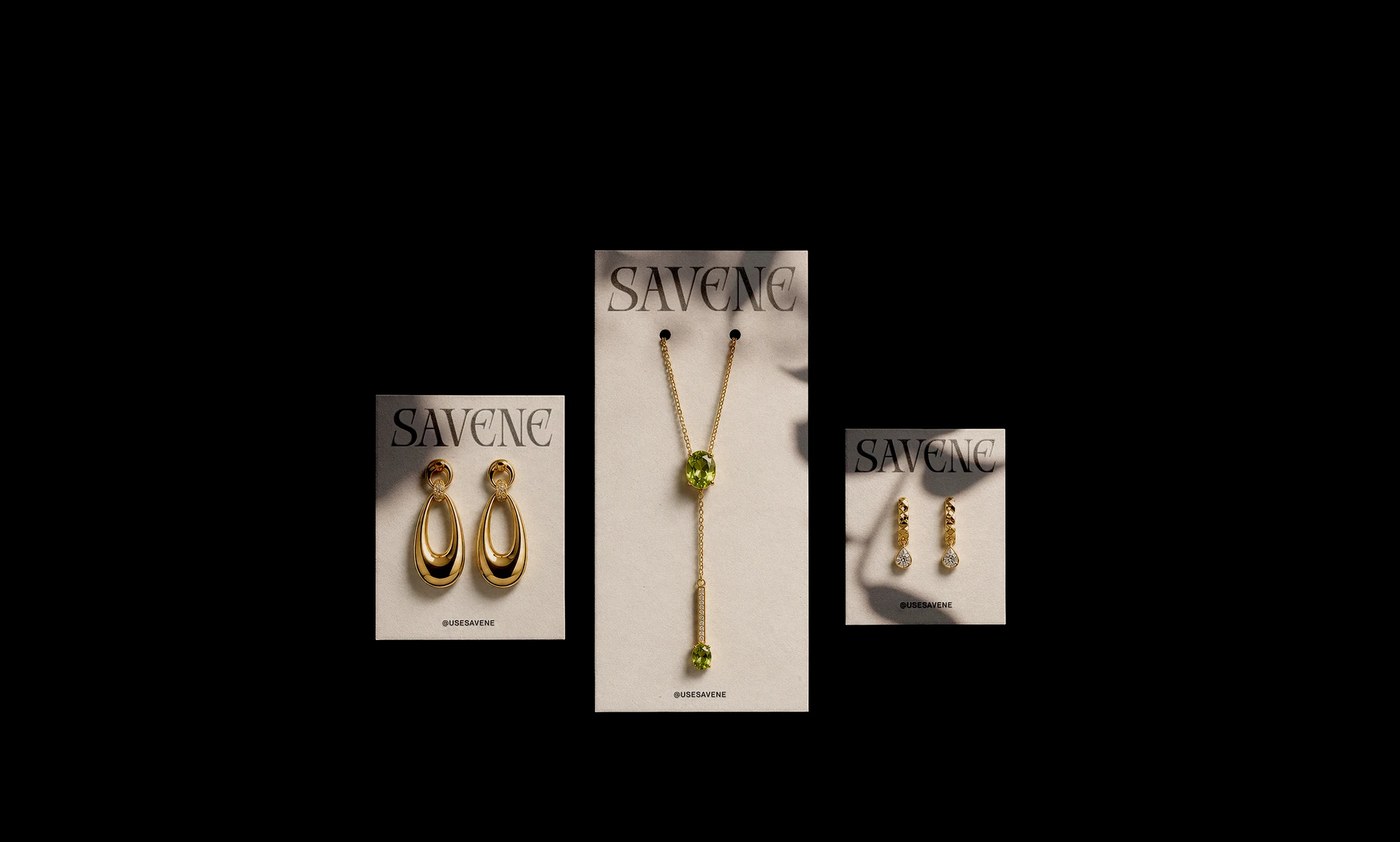 Savene jewelry brand identity showing abstract branding graphics and art details