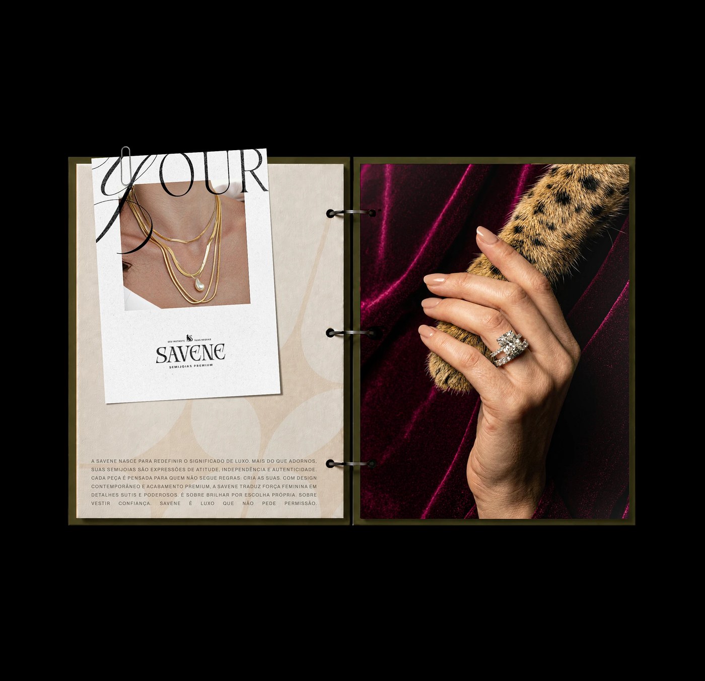 Savene jewelry brand identity showing embossed typographic business card design