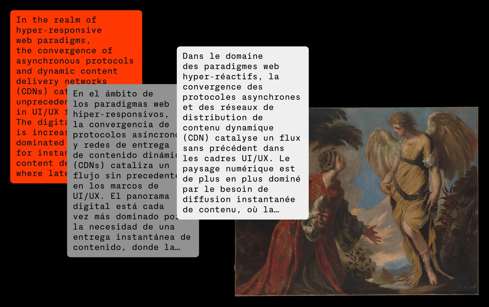 Multilingual English, Spanish, and French paragraph cards set in Server Mono over a classical angel painting — typography by Blaze Type