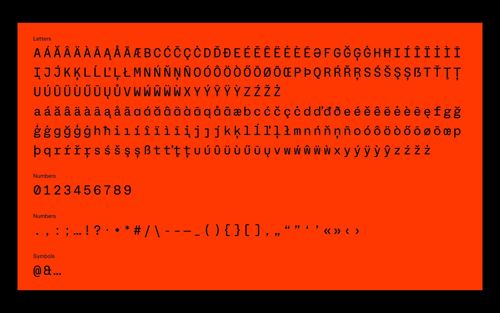 Full Server Mono character set, diacritics, slashed zero numerals, and punctuation on vermilion-orange — typography by Blaze Type