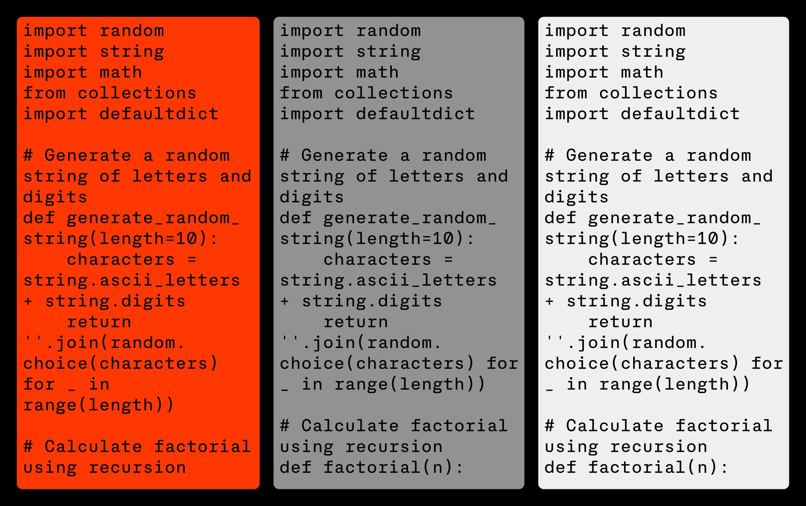 Three vertical terminal columns in vermilion, grey, and white displaying Python code alignment in Server Mono — typography by Blaze Type