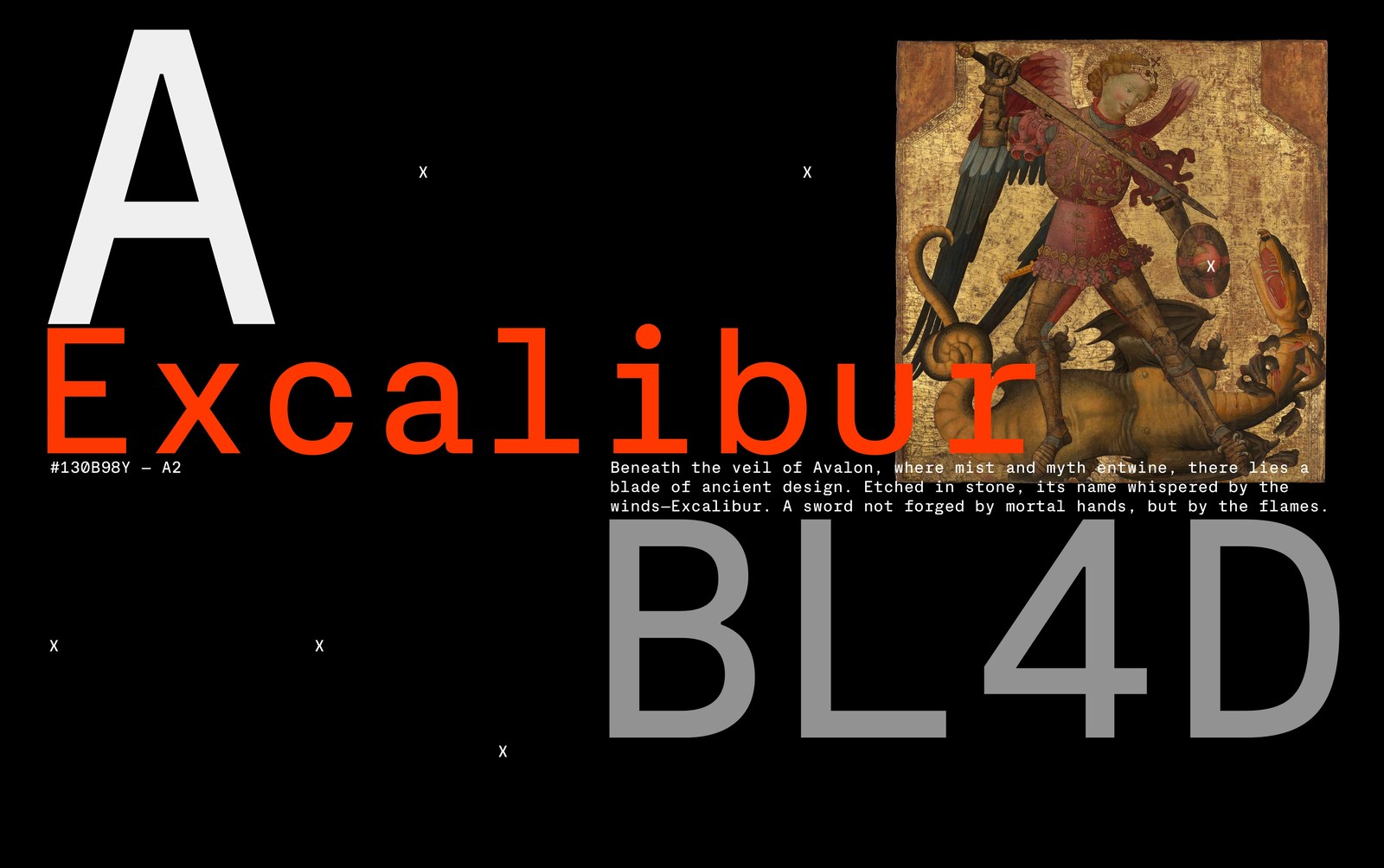 Excalibur and BL4D poster specimen pairing Server Mono display type with a medieval St. Michael painting — typography by Blaze Type