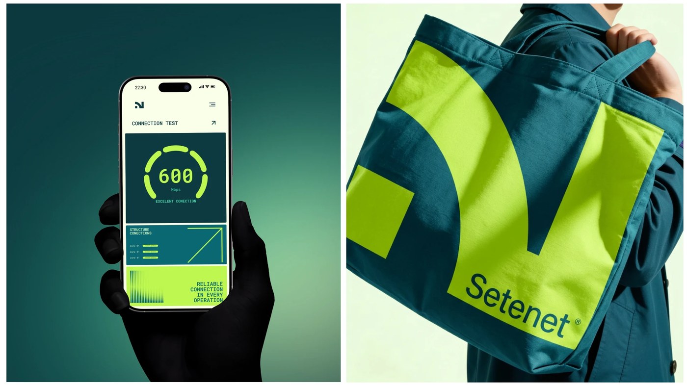 Setenet mobile bandwidth speed test interface and neon branded canvas tote bag brand identity