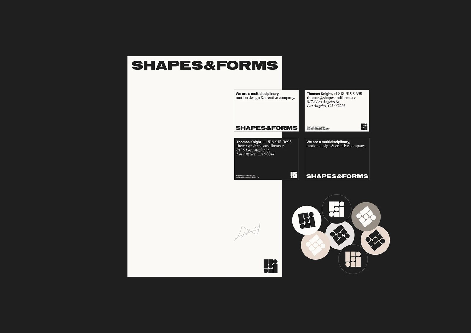 Shapes & Forms graphic design system overview and stationery flat lay with logo wordmark, color palette cards, and typography by Florian Cornut