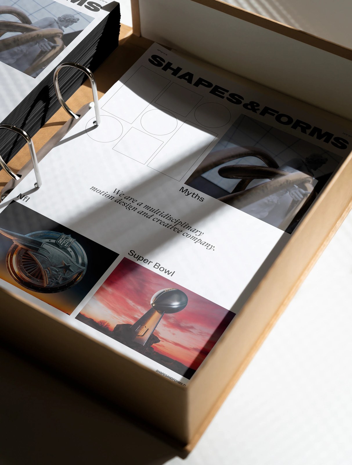 Shapes & Forms brand board and modular grid layout in ring-bound brandbook inside cardboard box by Florian Cornut