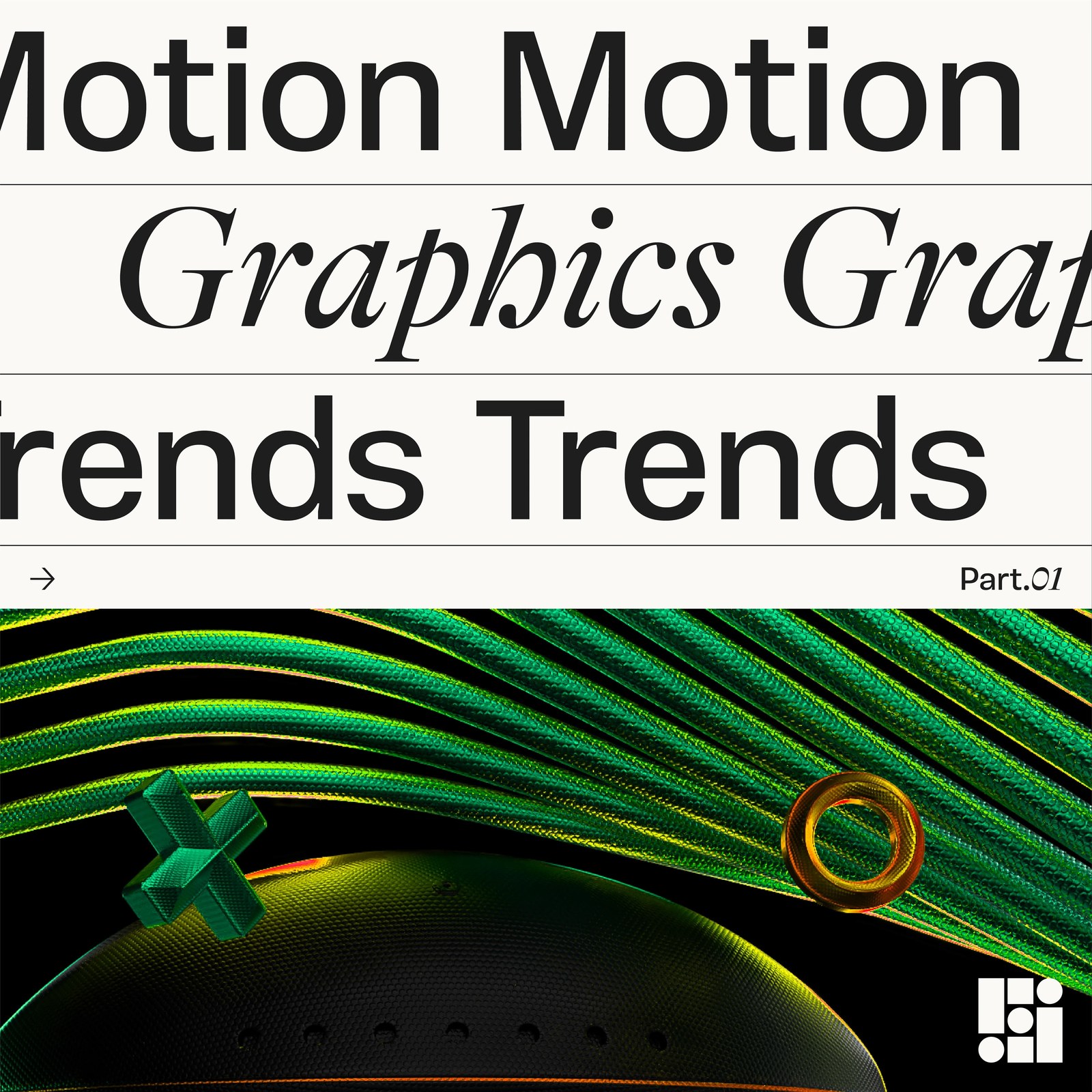 Shapes & Forms square poster layout with alternating sans and italic serif typography over emerald render