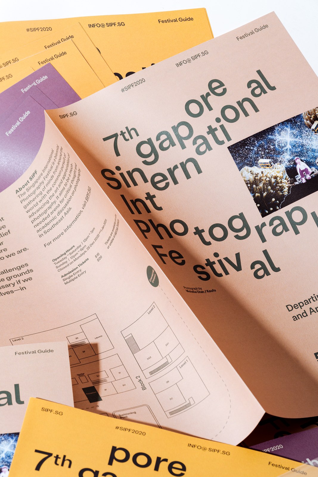 Unfolded SIPF Festival Guide showing architectural floorplan maps and stepped cover typography by Foreign Policy Design