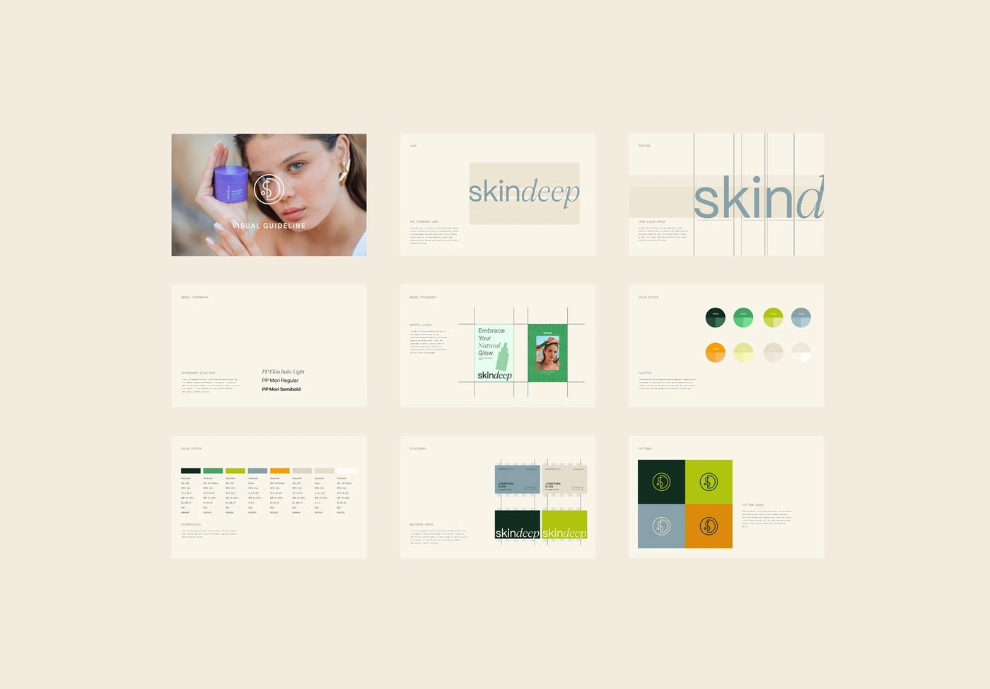 Detailed grid layout of skincare brand identity packaging design typography