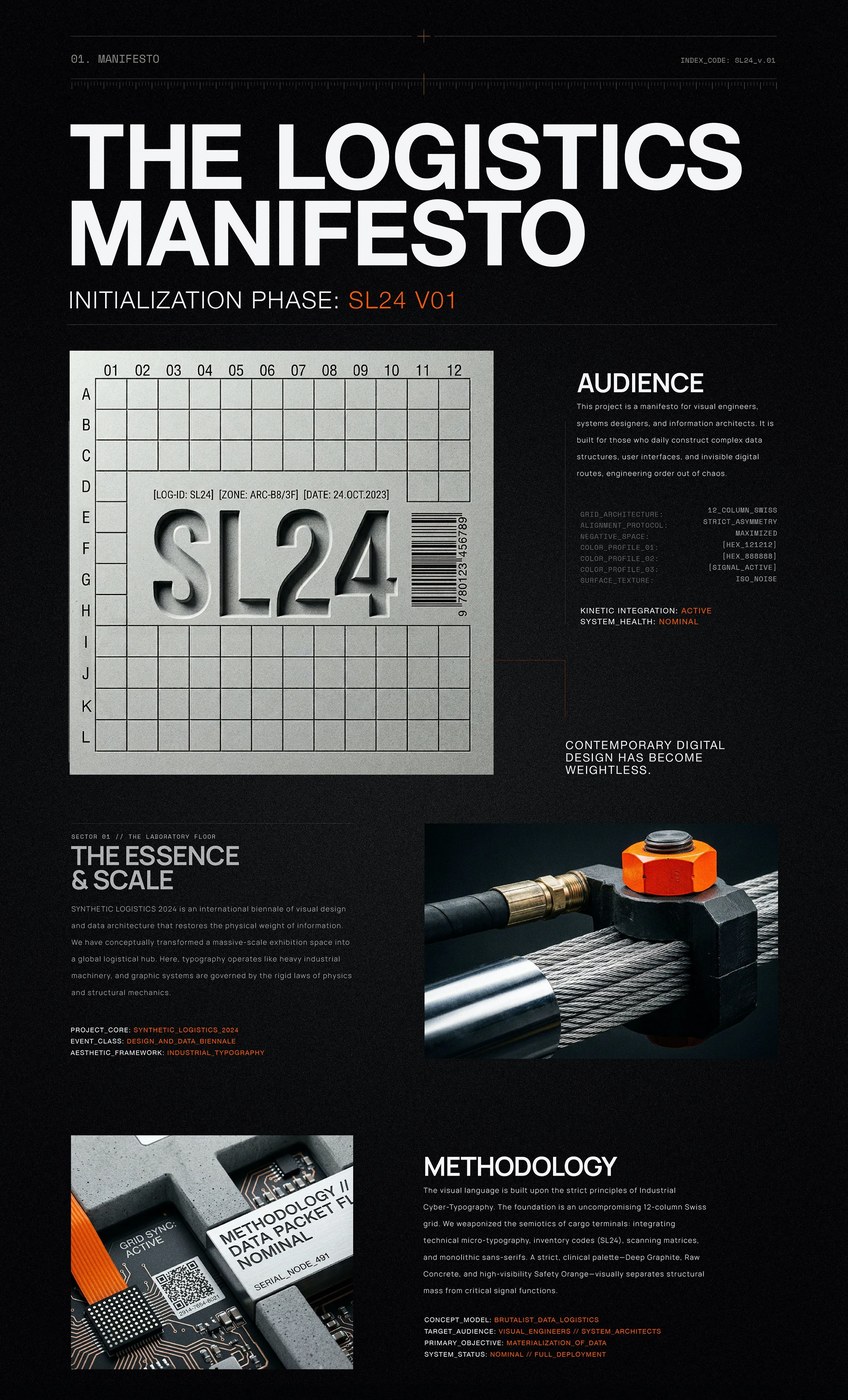 SL24 brutalist typography manifesto poster with Swiss grid and steel macro detail by Kseniya Artman