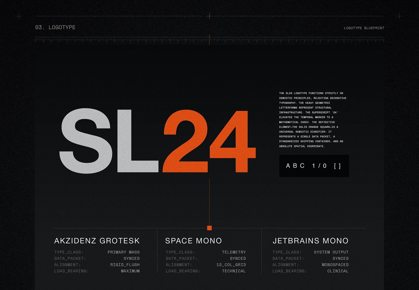 SL24 brutalist typography spec sheet and scanning matrix layout by Kseniya Artman