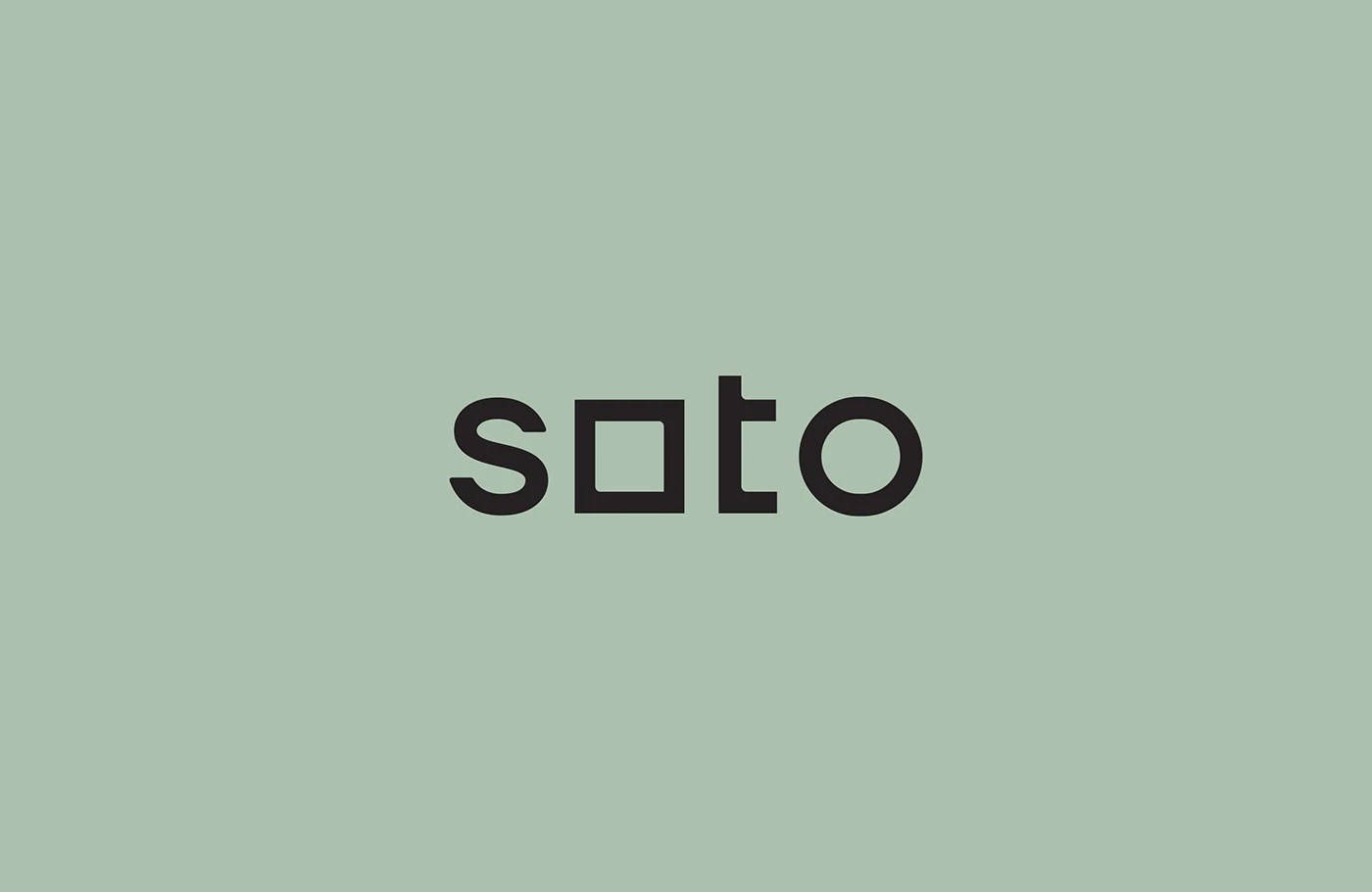 Soto branding wordmark in dark charcoal on sage green — first 'o' as a square, last 'o' as a circle