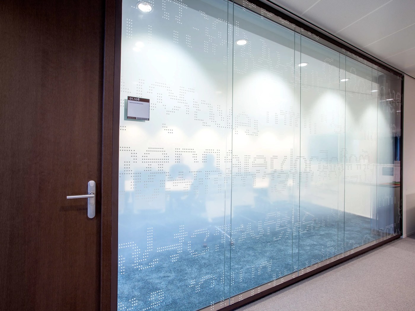 Perforated treaty typography dot matrix film for spatial design privacy