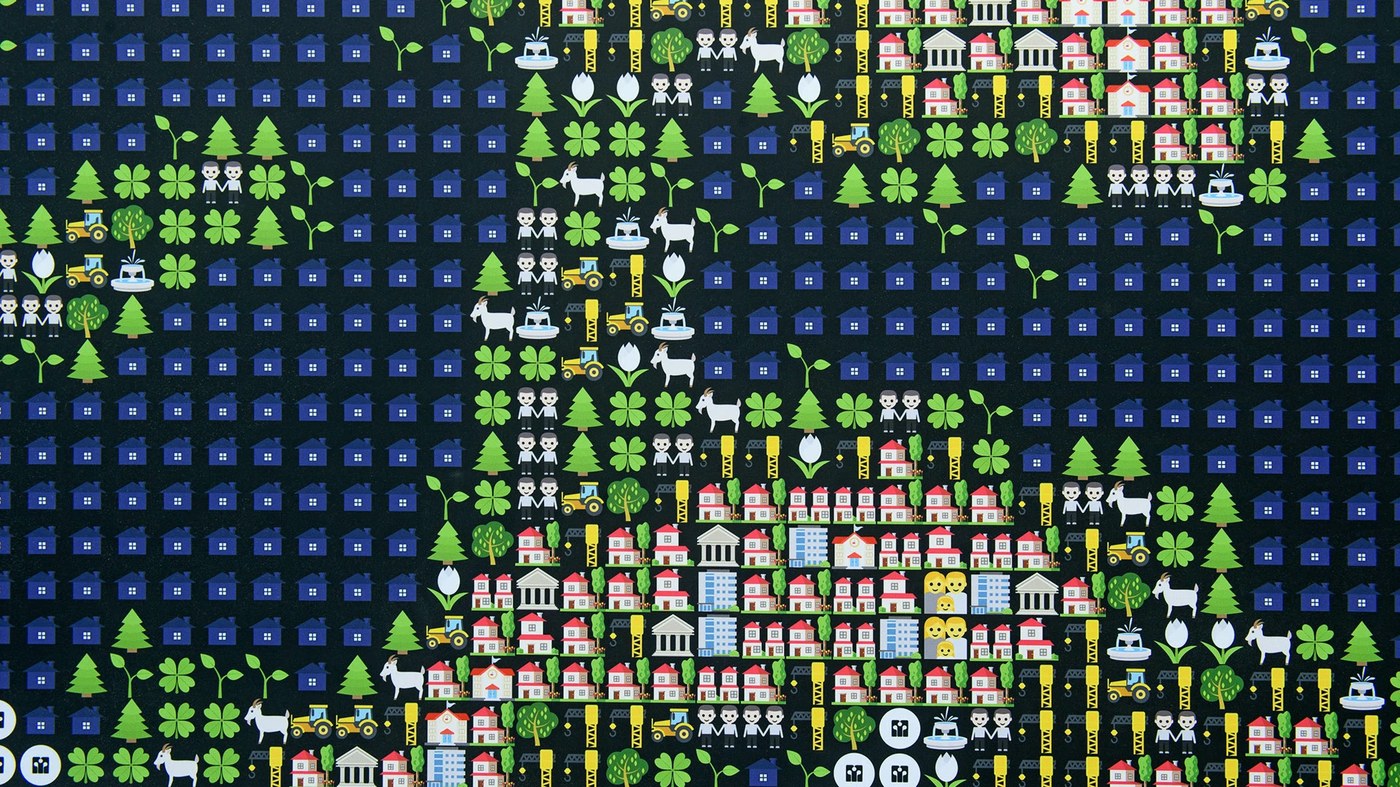 Macro detail of pixelated community icons in spatial design welcome mosaic