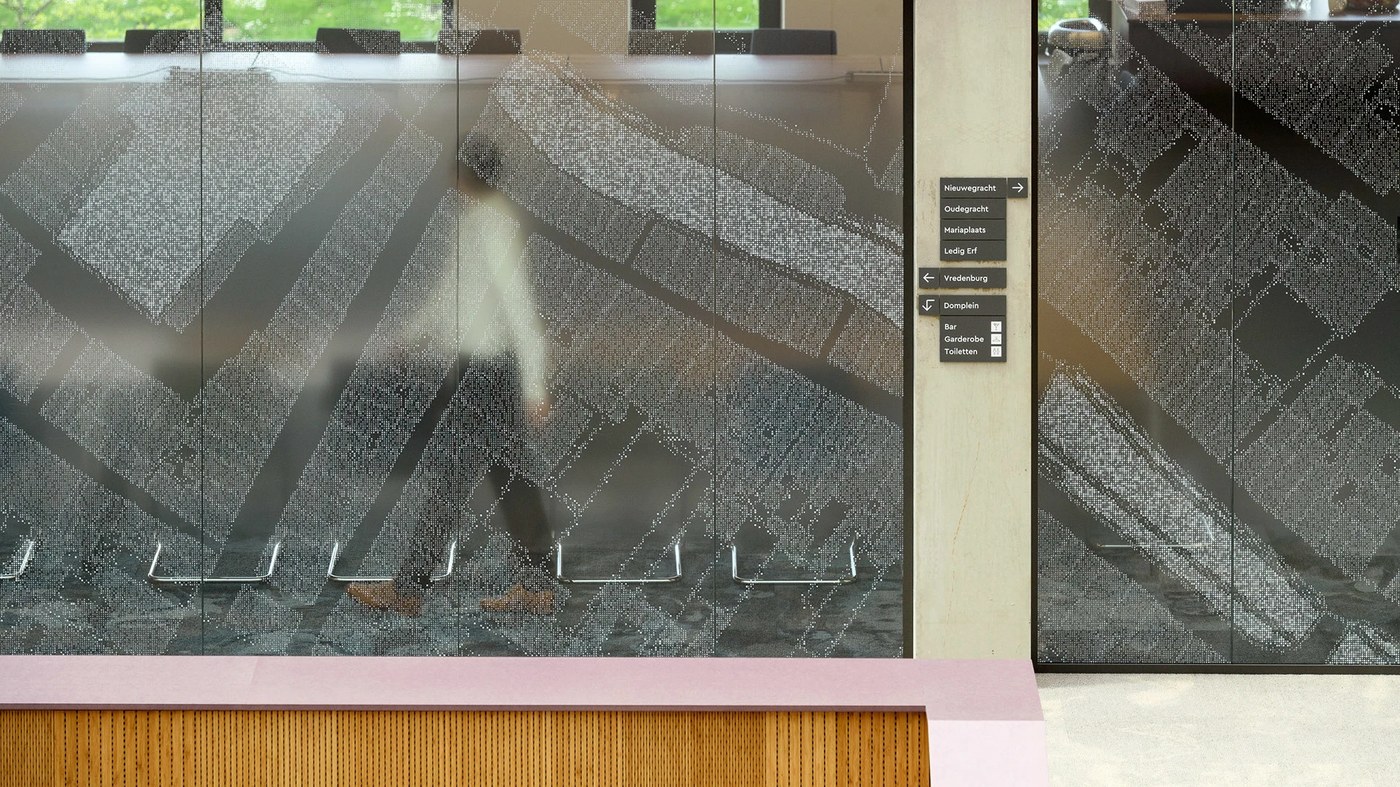 Frosted glass partition films displaying cadastral maps in spatial design