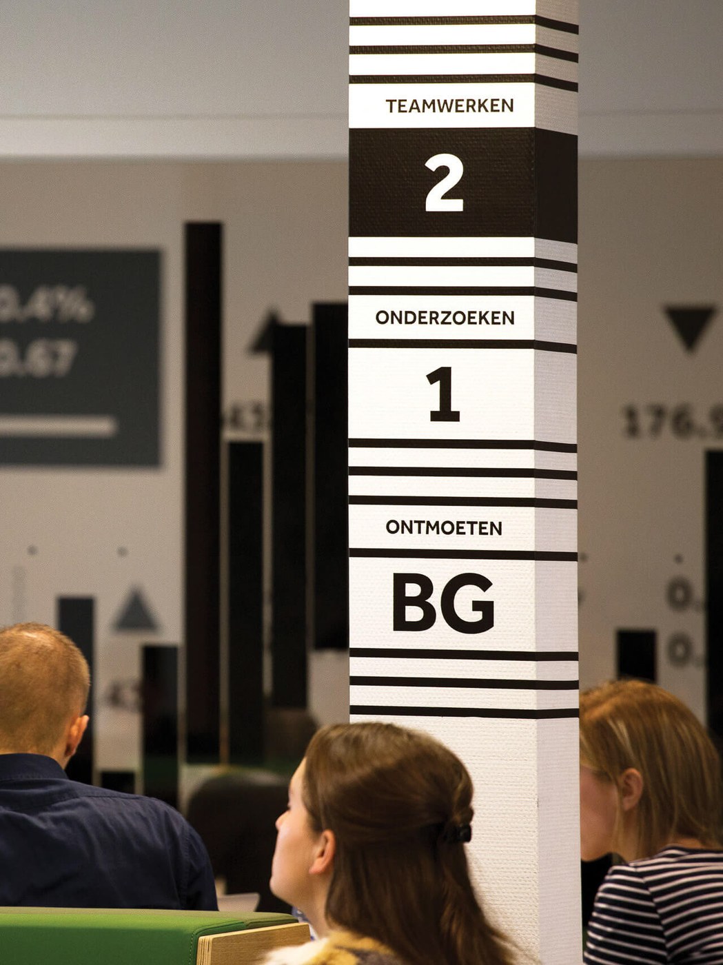 Vertical floor wayfinding totem with floor stripes and Dutch terms — spatial design by Silo