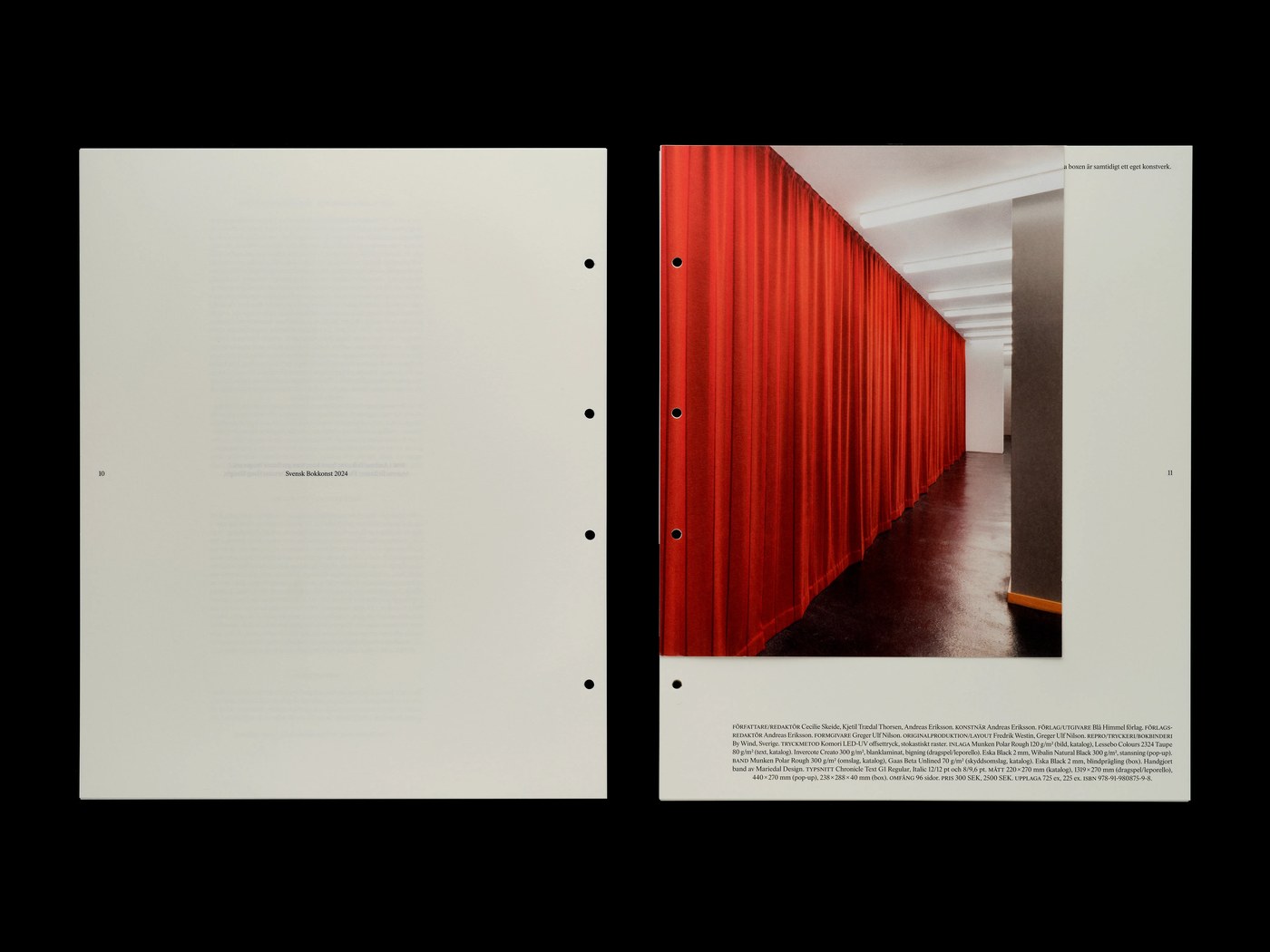 Editorial design spread featuring red theater curtain print and technical typography specifications in Svensk Bokkonst