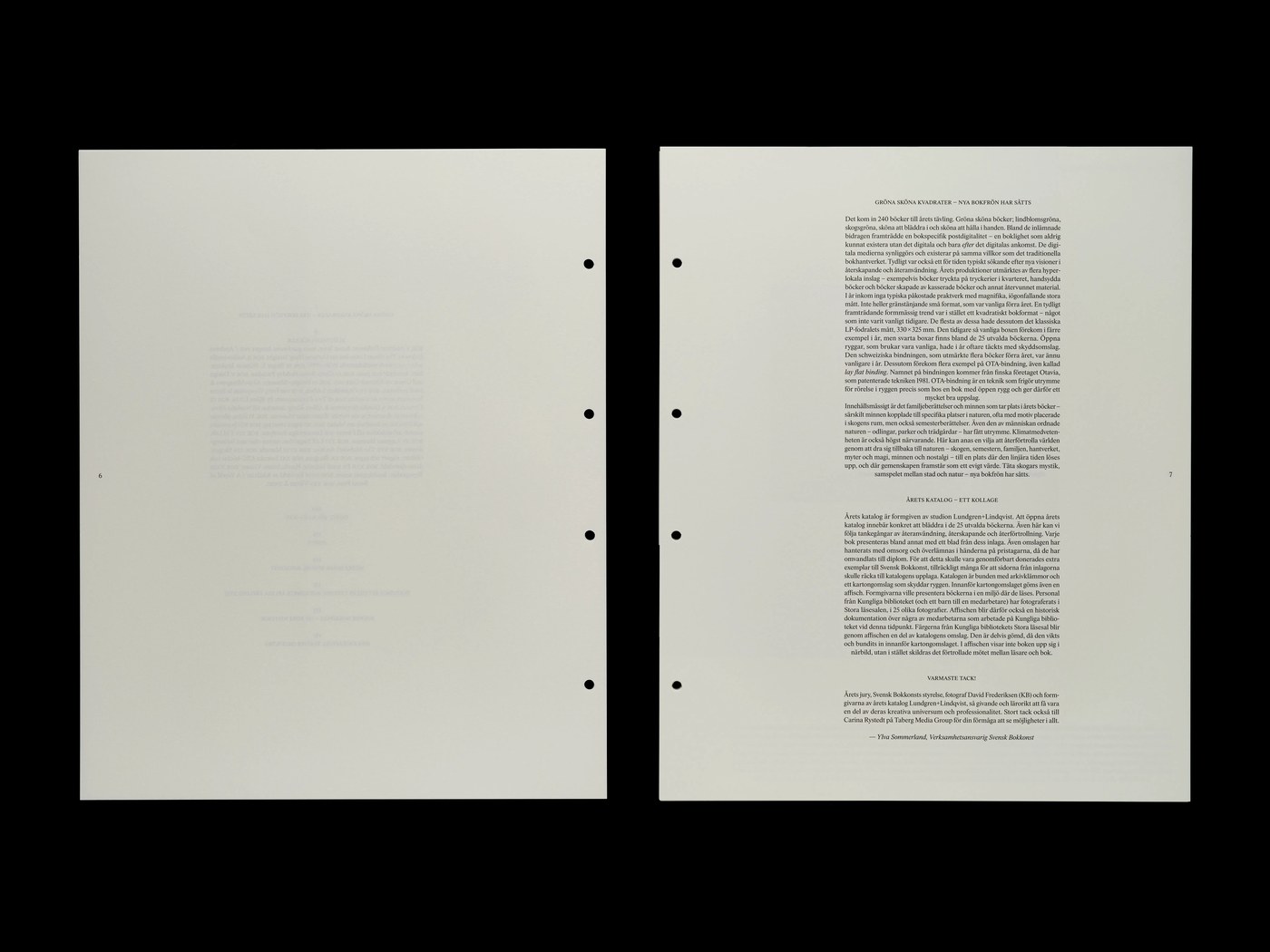 Curatorial essay spread typeset in Swedish Tid typeface for Svensk Bokkonst editorial design by Lundgren+Lindqvist