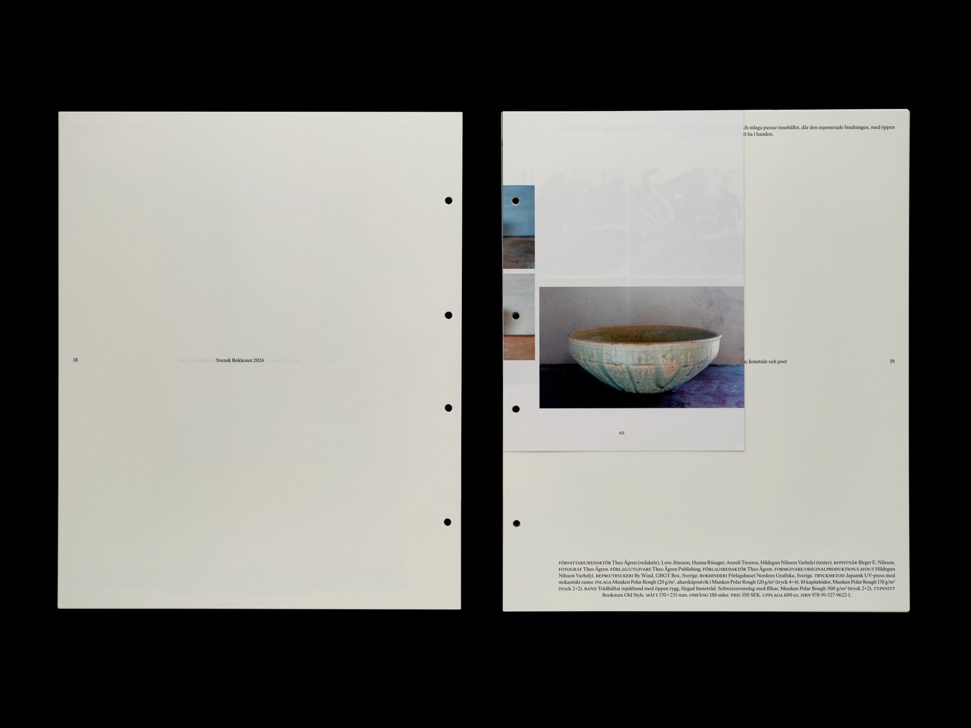 Editorial design spread showing ceramic bowl book plate and colophon production details for Svensk Bokkonst