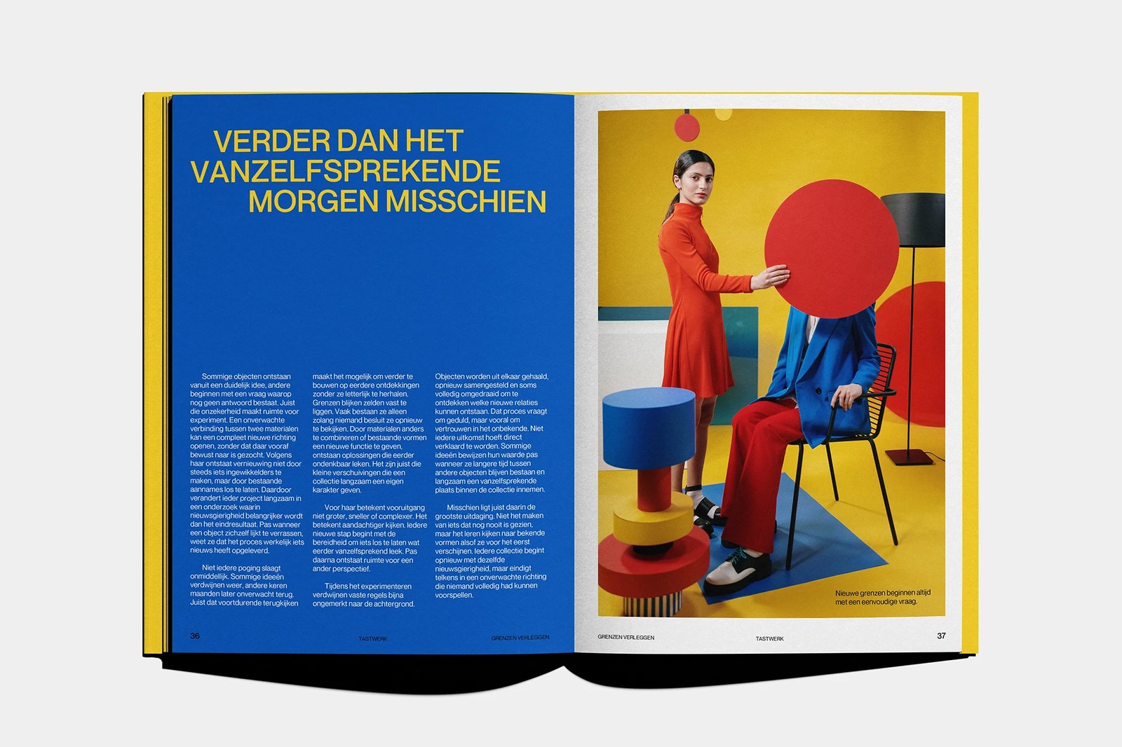 TASTWERK Tijdschrift 001 editorial design system overview by Wessam Hussien showing three-column grid typography, color palette, and print spread