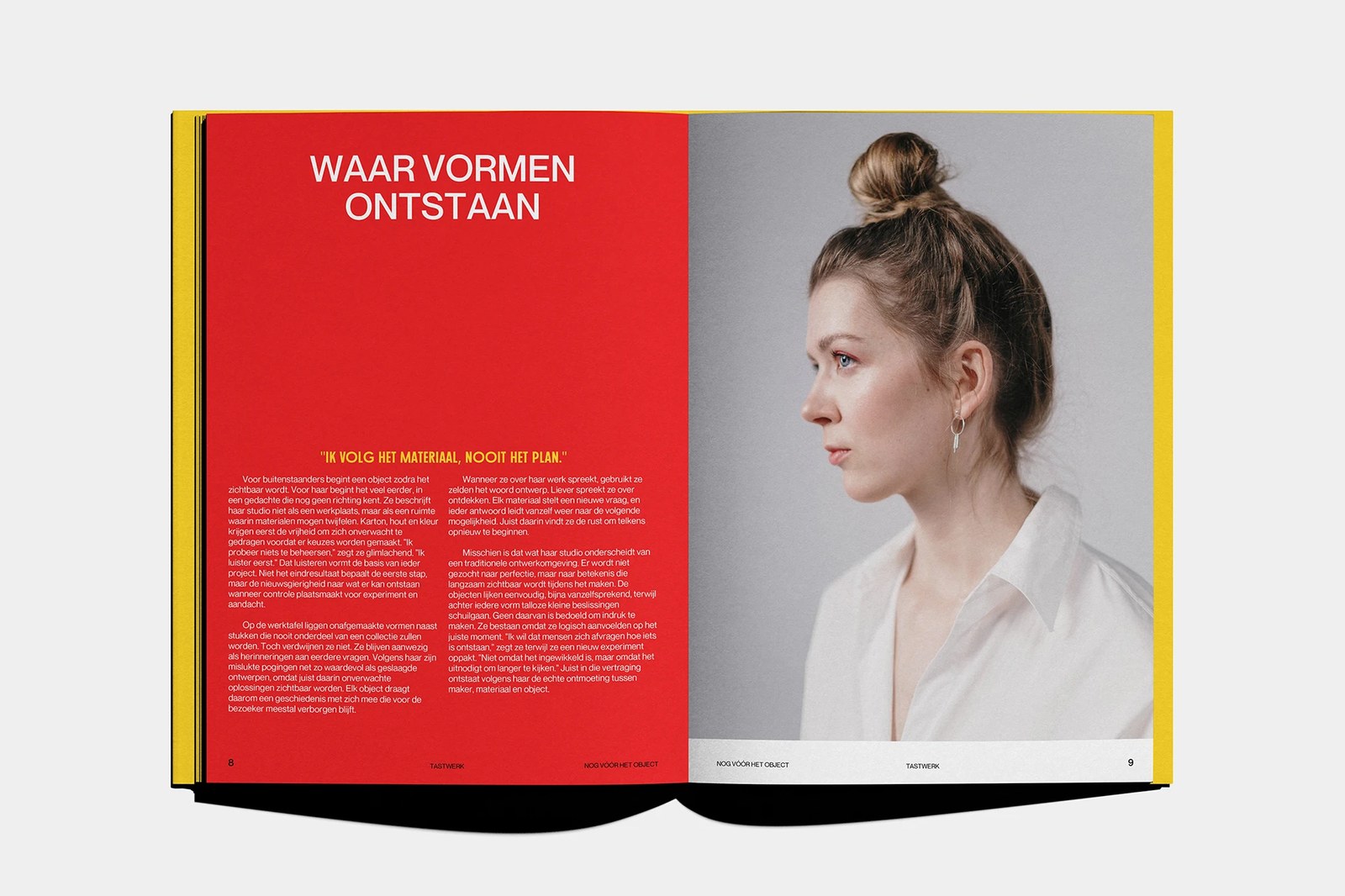 TASTWERK Tijdschrift 001 pages 8-9 editorial design spread by Wessam Hussien with two-column grid, typography specimen, and print layout