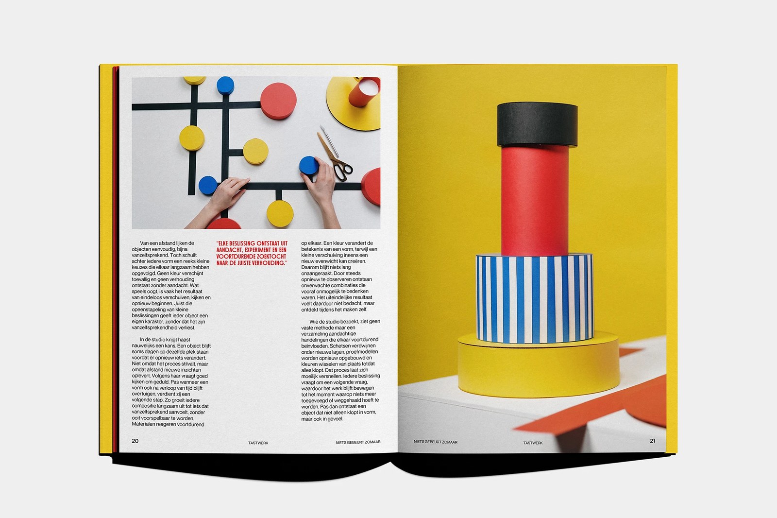 TASTWERK Tijdschrift 001 pages 20-21 editorial design spread by Wessam Hussien pairing an orthogonal grid with three-column typography