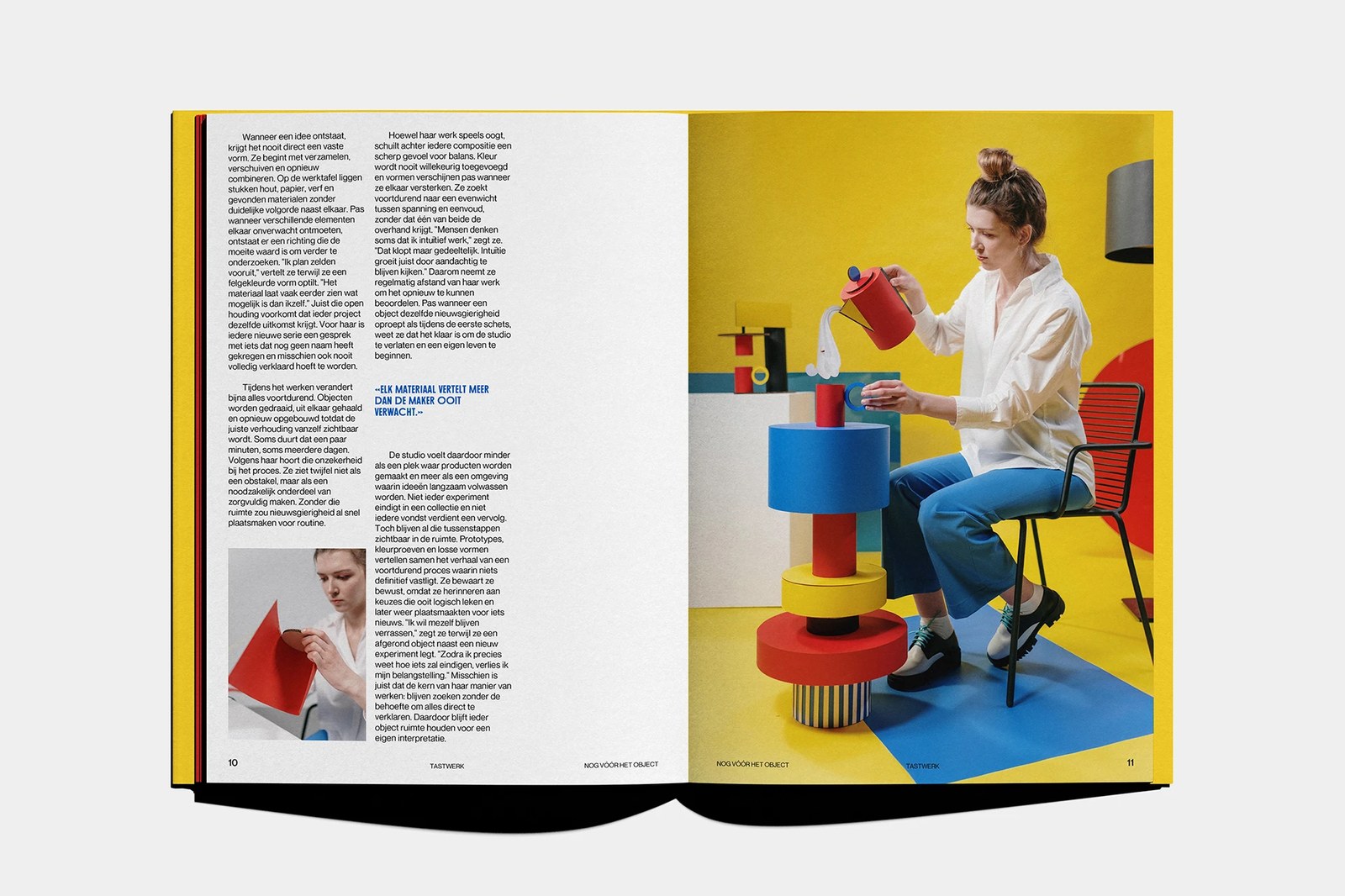 TASTWERK Tijdschrift 001 pages 10-11 editorial design spread by Wessam Hussien balancing asymmetric columns and blue pull-quote typography