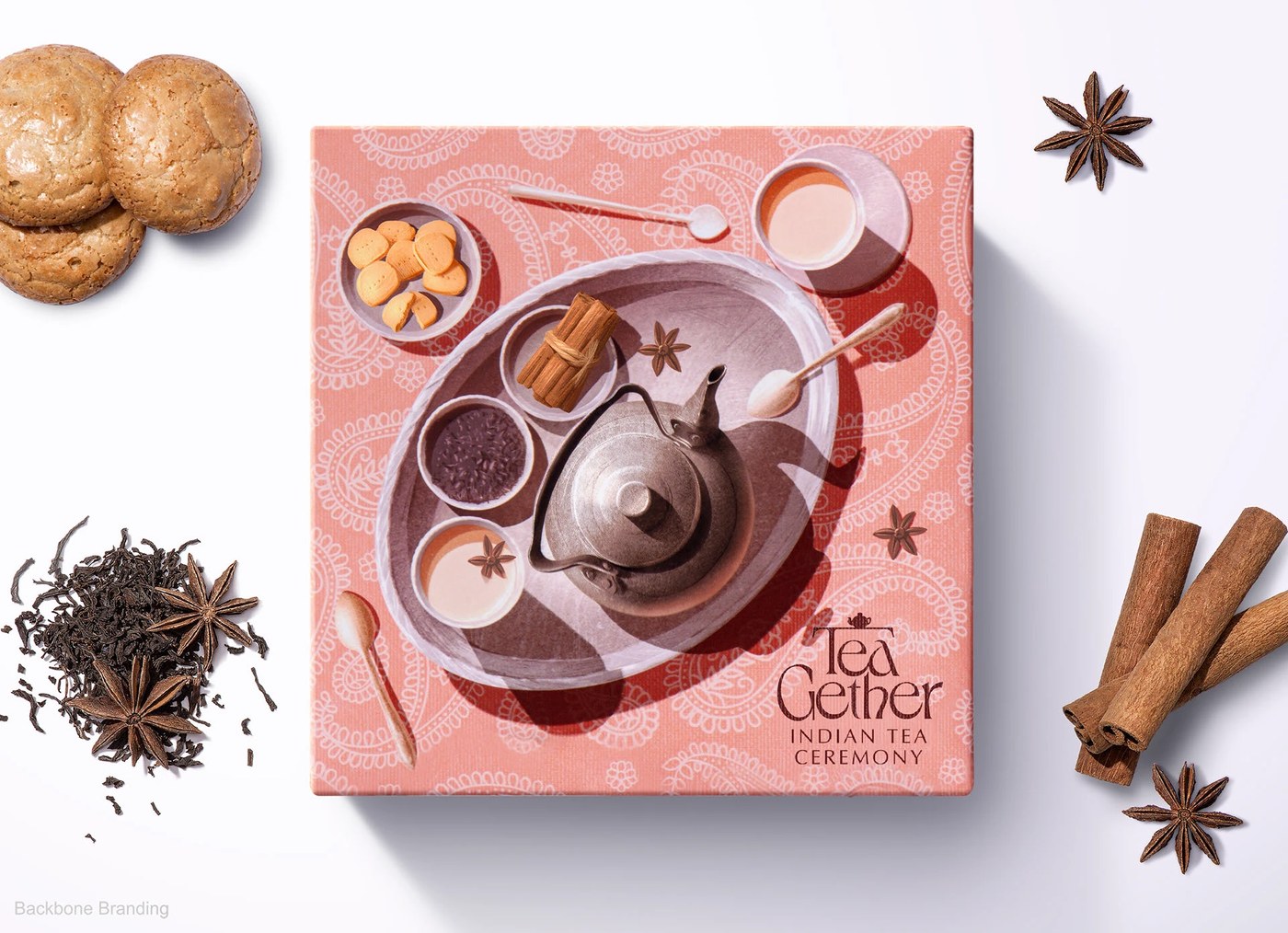 Tablecloth lid pattern detail and paper craft packaging design by Backbone Branding