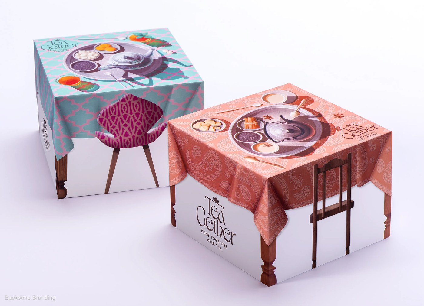 Cultural chair and table furniture detail in packaging design by Backbone Branding