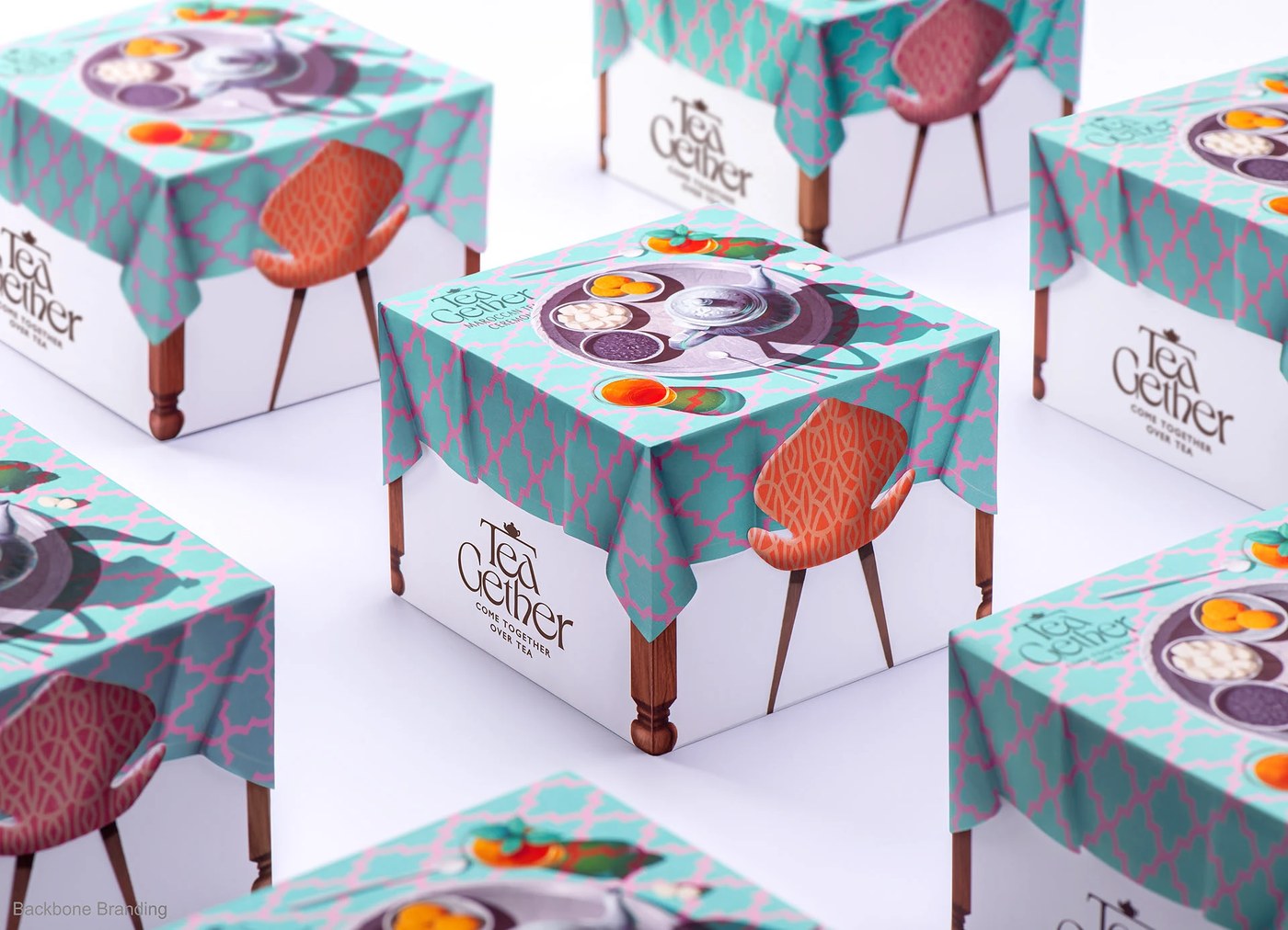 Complete TeaGether sweet pairing packaging design ensemble by Backbone Branding