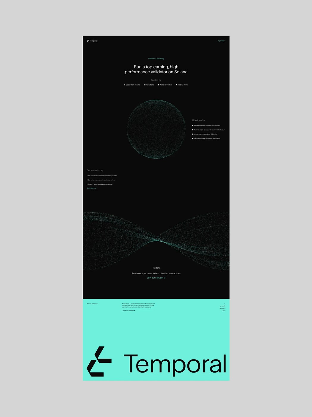 Dynamic particle graphics representing the generative brand identity divisions.