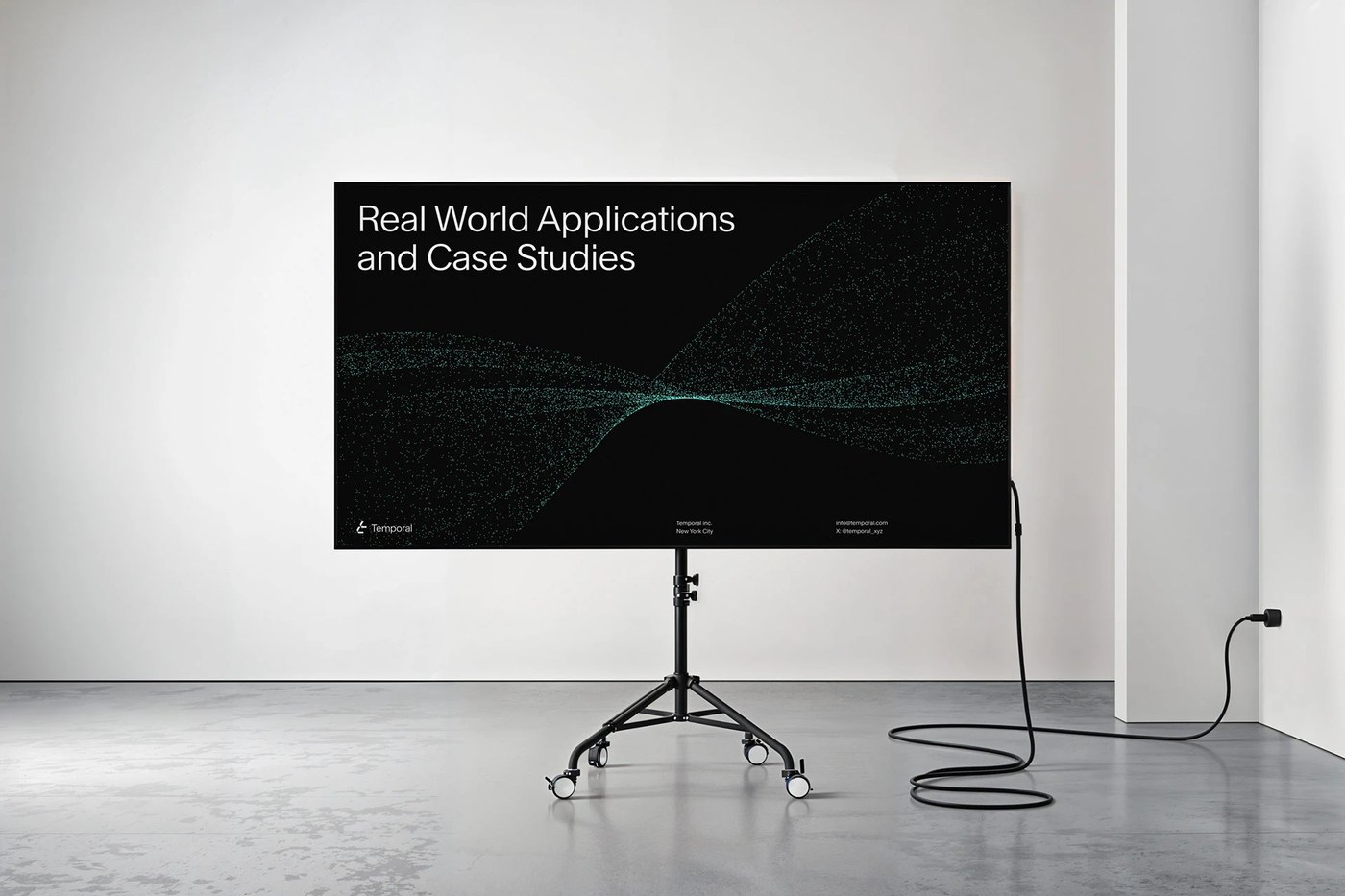 A physical wall installation showcasing the generative brand identity in context.