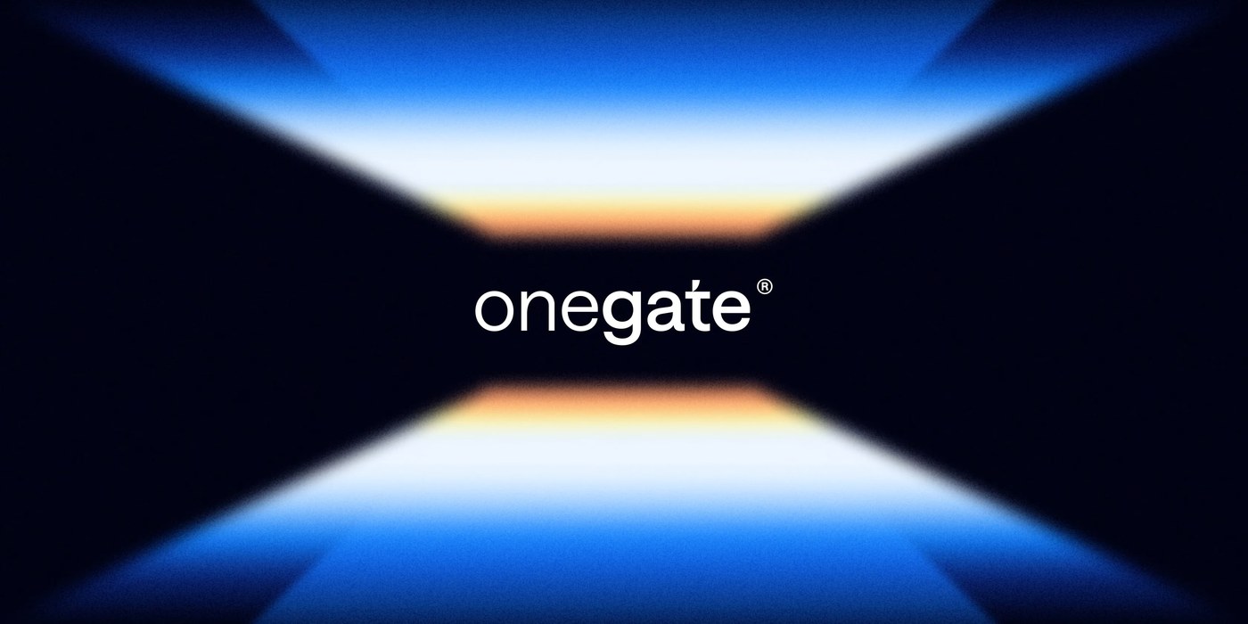 The OneGate brand identity wordmark set between angular horizon gradient light beams