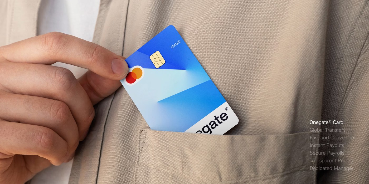 Tactile OneGate debit card tucked into dark twill jacket pocket with editorial typography layout